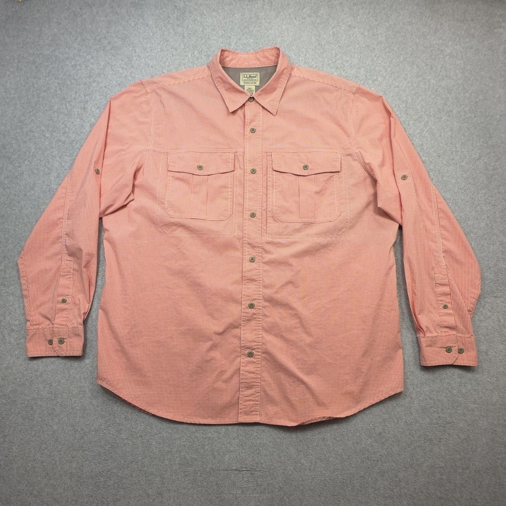 LL Bean Shirt Mens XL Orange Check Coolmax Long Sleeve Button Fishing Stretch